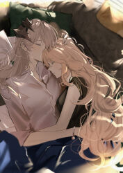 Rule 34 | 2girls, absurdres, arknights, black shirt, blue pants, blush, bracelet, breasts, brown hair, closed eyes, collared shirt, commentary, couch, cuddling, dutch angle, facing another, from above, grey hair, hair between eyes, hand on another&#039;s back, hand on another&#039;s head, highres, horns, jewelry, joshua (shisanli934), kristen (arknights), long hair, long sleeves, lying, multiple girls, on back, pants, parted lips, pillow, pink shirt, saria (arknights), shirt, sidelocks, sleeveless, sleeveless shirt, small breasts, yuri
