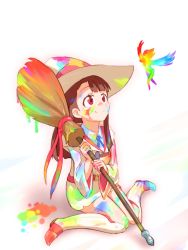 Rule 34 | 10s, 1girl, boots, broom, brown hair, fairy, hat, highres, holding, holding broom, hood, hood down, kagari atsuko, little witch academia, long hair, paint splatter, paint stains, red eyes, school uniform, sitting, skirt, smile, solo, spoilers, tei-o, wariza, white background, witch, witch hat