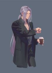 Rule 34 | 1boy, alternate costume, alternate hairstyle, aqua eyes, black jacket, black pants, casual, coffee, cowboy shot, cup, disposable cup, final fantasy, final fantasy vii, final fantasy vii remake, grey background, grey hair, grey shirt, ho fan, holding, holding cup, jacket, long bangs, long hair, looking at watch, low ponytail, male focus, open collar, pants, parted bangs, sephiroth, shirt, shirt tucked in, solo, square enix, standing, very long hair, watch, wristwatch