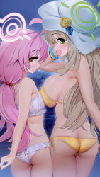 Rule 34 | 2girls, absurdres, anshinmama, bikini, blue archive, breasts, butt crack, grabbing, grabbing another&#039;s breast, green eyes, halo, hat, highres, hoshino (blue archive), hoshino (swimsuit) (blue archive), large breasts, looking at viewer, multiple girls, night, night sky, nonomi (blue archive), nonomi (swimsuit) (blue archive), ocean, pink hair, sky, small breasts, swimsuit, yellow eyes