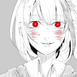 Rule 34 | 1girl, blood, blood on face, collared shirt, commentary request, cuts, grey background, greyscale, hair between eyes, injury, long hair, looking at viewer, monochrome, original, outo eguchi, parted lips, red eyes, shirt, simple background, solo, spot color, teeth