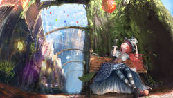 Rule 34 | 1girl, arch, balloon, bench, black gloves, blue sky, castle, checkered clothes, checkered headwear, corset, day, dress, fantasy, frilled dress, frills, from below, gloves, hat, looking up, mary janes, original, pantyhose, perspective, popopo (popopo5656), red footwear, red hair, scenery, shoes, sitting, sky, striped clothes, striped legwear, striped pantyhose, top hat, wind