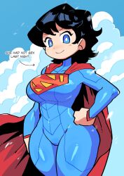 Rule 34 | 1girl, absurdres, black hair, blue background, blue bodysuit, blue eyes, blush stickers, bodysuit, breasts, cape, closed mouth, cloud, dc comics, hand on own hip, highres, large breasts, looking at viewer, rariatto (ganguri), red cape, short hair, smile, solo, superman (series), superwoman