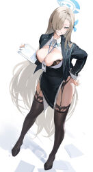 Rule 34 | 1girl, absurdres, asuna (blue archive), asymmetrical bangs, between breasts, black bra, black garter belt, black thighhighs, blue archive, blush, bra, breasts, cleavage, clipboard, commentary, english commentary, full body, garter belt, grin, hair over one eye, halo, hand on own hip, highres, holding, holding clipboard, lanyard, large breasts, light brown hair, long hair, looking at viewer, one eye covered, revision, shadow, shirt, simple background, skindentation, smile, solo, strap between breasts, takune019, thighhighs, underwear, very long hair, white background, white shirt