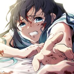 Rule 34 | 1boy, aqua eyes, aqua hair, backlighting, bare arms, bed sheet, black hair, blood, blood on arm, blood on face, blood on hands, blurry, bokeh, clenched teeth, commentary, corpse, crying, depth of field, egasumi, fingernails, hana ni nare, highres, injury, kimetsu no yaiba, long hair, looking at viewer, lying, male focus, multicolored hair, on stomach, out of frame, reaching, reaching towards viewer, simple background, solo focus, spoilers, streaked hair, teeth, tokitou muichirou, tokitou yuichirou, upper body, white background