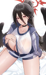 Rule 34 | 1girl, absurdres, black bra, black choker, black hair, black wings, blue archive, bra, bra visible through clothes, breasts, choker, cleavage, clothes lift, collarbone, feathered wings, gym uniform, hair between eyes, halo, hasumi (blue archive), hasumi (track) (blue archive), highres, huge breasts, jacket, long hair, looking at viewer, official alternate costume, open clothes, open jacket, ponytail, red eyes, samart, see-through, see-through shirt, shirt, shirt lift, short shorts, shorts, simple background, solo, string bra, thick thighs, thighs, track jacket, underwear, white background, white shirt, wings