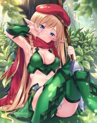 Rule 34 | 1girl, alleyne (queen&#039;s blade), alleyne (queen&#039;s blade unlimited), armor, artist request, beret, bikini armor, blonde hair, blue eyes, boots, braid, breasts, cleavage, closed mouth, elf, forest, glint, hat, holding, holding weapon, knees up, leaf panties, leaf print, legs, long hair, looking at viewer, medium breasts, nature, navel, official art, outdoors, panties, pantyshot, pointy ears, polearm, print panties, queen&#039;s blade, queen&#039;s blade unlimited, queen&#039;s blade white triangle, scarf, side braid, sitting, solo, spear, thigh boots, thighhighs, thighs, tree, underwear, vambraces, very long hair, weapon