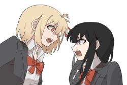 Rule 34 | 2girls, annoyed, black hair, black jacket, blonde hair, bright pupils, chinese commentary, collared shirt, commentary request, hair ribbon, highres, inoue takina, jacket, long hair, long sleeves, looking at another, lycoris recoil, medium hair, multiple girls, nishikigi chisato, one side up, open clothes, open jacket, open mouth, orange eyes, purple eyes, red ribbon, ribbon, school uniform, shirt, shouting, simple background, upper body, white background, white pupils, white shirt, yanlingjinshilihuahua