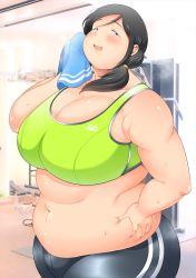 Rule 34 | 1girl, belly, black hair, breasts, cleavage, fat, highres, huge breasts, looking at viewer, open mouth, shimejix, smile, solo, sweat, towel