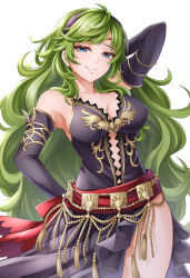 Rule 34 | 1girl, aged up, alternate breast size, alternate costume, black dress, black sleeves, blue eyes, breasts, cleavage, closed mouth, detached sleeves, dress, feet out of frame, female focus, fire emblem, fire emblem: the blazing blade, floating hair, green hair, hairband, long hair, long sleeves, looking at viewer, medium breasts, nino (fire emblem), nintendo, pelvic curtain, purple hairband, simple background, sleeveless, sleeveless dress, smile, solo, standing, ten (tenchan man), very long hair, wavy hair, white background