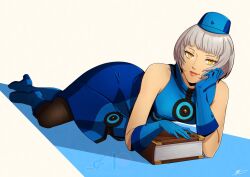 Rule 34 | 1girl, bare shoulders, black pantyhose, blue footwear, blue gloves, blue hat, book, closed mouth, commentary, dress, eightyfourart, elizabeth (persona), gloves, grey hair, hat, high heels, highres, looking at viewer, pantyhose, pencil dress, persona, persona 3, pink lips, short hair, signature, simple background, sleeveless, sleeveless dress, smile, solo, white background, yellow eyes
