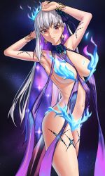 Rule 34 | 1girl, bare shoulders, blue fire, blue hair, blush, body markings, bracelet, breasts, earrings, fate/grand order, fate (series), fire, flower, hair flower, hair ornament, hair ribbon, jewelry, kama (fate), kama (swimsuit avenger) (fate), kama (swimsuit avenger) (third ascension) (fate), large breasts, long hair, looking at viewer, lotus, multicolored hair, navel, red eyes, revealing clothes, ribbon, sarhce, silver hair, solo, star (symbol), star earrings, thighs, two-tone hair