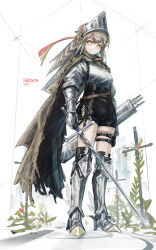 Rule 34 | 1girl, absurdres, arknights, armored boots, artist name, black shorts, boots, bright pupils, cape, character name, closed mouth, fartooth (arknights), feather hair, franlol, full body, garter straps, gauntlets, grey hair, high-waist shorts, highres, holding, holding sword, holding weapon, looking at viewer, orange eyes, serious, shirt, short shorts, shorts, solo, standing, sword, thigh boots, unsheathed, v-shaped eyebrows, visor lift, weapon, white pupils, white shirt