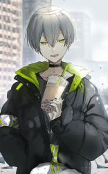 Rule 34 | 1boy, :d, absurdres, akebisousaku, arene (arknights), arene (casual) (arknights), arknights, black choker, black jacket, black nails, black shirt, bob cut, choker, cup, drinking straw, earrings, green eyes, grey hair, grey sky, halo, highres, holding, holding cup, jacket, jewelry, long sleeves, looking at viewer, milk tea, nail polish, open mouth, outdoors, shirt, sky, smile, solo
