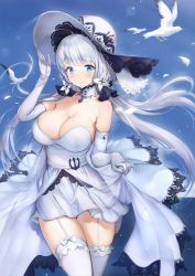 Rule 34 | 1girl, ahoge, azur lane, bare shoulders, bird, blue sky, breasts, collarbone, commentary, dress, elbow gloves, garter straps, gloves, hair ornament, hat, highres, illustrious (azur lane), large breasts, low twintails, mhk (mechamania), mole, mole under eye, outdoors, panties, pantyshot, skirt, sky, solo, standing, strapless, strapless dress, sun hat, thighhighs, twintails, underwear, white dress, white gloves, white hair, white hat, white skirt, white thighhighs