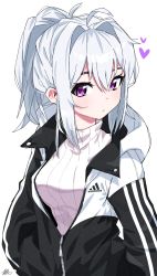 Rule 34 | 1girl, absurdres, adidas, ahoge, black jacket, blush, brand name imitation, breasts, closed mouth, commentary request, eyebrows hidden by hair, grey hair, hair between eyes, hair intakes, heart, highres, hood, hood down, hooded jacket, ine (vtuber), jacket, korean commentary, long hair, looking at viewer, medium breasts, open clothes, open jacket, ponytail, purple eyes, ribbed sweater, signature, simple background, solo, sweater, tosyeo, turtleneck, turtleneck sweater, upper body, virtual youtuber, waktaverse, white background, white sweater