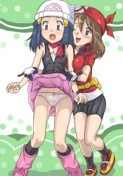 Rule 34 | 2girls, :o, ;d, artist request, assisted exposure, bandana, bare legs, beanie, bike shorts, blue hair, blush, boots, breasts, brown hair, clothes lift, collared shirt, creatures (company), dawn (pokemon), embarrassed, fanny pack, female focus, game freak, gloves, hair between eyes, hair ornament, hat, legs, long hair, looking at another, looking down, lowres, may (pokemon), medium breasts, moaning, multiple girls, nintendo, one eye closed, open mouth, panties, pantyshot, pink footwear, pink skirt, pokemon, pokemon dppt, pokemon rse, red scarf, red shirt, scarf, shirt, shoes, short hair, short sleeves, shy, skirt, skirt lift, smile, sneakers, socks, standing, tank top, tears, underwear, white headwear, white panties, wink, yuri