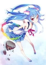 Rule 34 | 1girl, alternate hairstyle, blue hair, dress, female focus, food, fruit, hinanawi tenshi, hong (white spider), keystone, long hair, looking at viewer, multiple girls, no headwear, no headwear, peach, red eyes, smile, solo, touhou, twintails