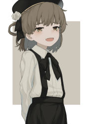 Rule 34 | 1girl, :d, beret, black bow, black hat, black ribbon, black skirt, blush, bow, brown eyes, brown hair, brown theme, child, collared shirt, commentary request, fangs, flower, hai ookami, hair rings, hat, hatoba tsugu, highres, long sleeves, looking at viewer, mole, mole under eye, open mouth, ribbon, rose, shirt, skirt, smile, solo, suspender skirt, suspenders, two-tone background, virtual youtuber, white background, white flower, white rose, white shirt