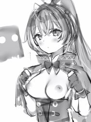 Rule 34 | ..., 1girl, blush, breasts, capelet, cleavage, closed mouth, gloves, greyscale, highres, hololive, hololive english, long hair, medium breasts, monochrome, nanashi (nlo), nanashi mumei, nipples, ponytail, ribbon, simple background, solo, virtual youtuber, white background
