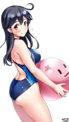 Rule 34 | 1girl, ahoge, alternate costume, artist name, ass, ball, beach, beachball, black hair, blue one-piece swimsuit, blush, brown eyes, commentary request, competition swimsuit, cowboy shot, dated, split mouth, embarrassed, flying sweatdrops, highres, kantai collection, long hair, looking at viewer, one-piece swimsuit, simple background, solo, standing, swimsuit, tsuchimiya, ushio (kancolle), white background