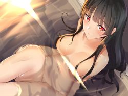 Rule 34 | 1girl, bath, black hair, blush, breasts, closed mouth, collarbone, convenient censoring, from above, hair censor, isokaze (kancolle), kantai collection, leg up, light smile, long hair, looking at viewer, medium breasts, navel, nude, onsen, pallad, partially submerged, red eyes, sidelocks, sitting, smile, solo