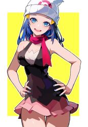 Rule 34 | 1girl, bare arms, bare shoulders, beanie, black shirt, blue eyes, blue hair, blue nails, breasts, cleavage, contrapposto, cowboy shot, creatures (company), dark blue hair, dawn (pokemon), eyeshadow, game freak, hair ornament, hairclip, hands on own hips, hat, head tilt, highres, long hair, looking at viewer, makeup, medium breasts, miniskirt, nintendo, open mouth, pink skirt, poke ball print, pokemon, pokemon dppt, red scarf, scarf, shirt, simple background, skirt, sleeveless, sleeveless shirt, smile, solo, thigh gap, thighs, tor (torkrub111), white hat, yellow background