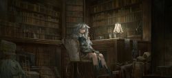 Rule 34 | 1girl, bad id, bad pixiv id, book, bookshelf, brown shorts, chair, closed mouth, cup, desk, grey hair, hair flaps, highres, indoors, lamp, library, long hair, looking at viewer, messy room, original, shichigatsu, shirt, shorts, sitting, sitting sideways, solo, teacup, white shirt