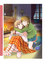 Rule 34 | 2girls, ^ ^, arms around neck, bird, blanket, blush, brown eyes, brown hair, chicken, chicken (food), clenched teeth, closed eyes, cup, female focus, fire, fireplace, food, grin, holding, hug, hug from behind, joshi kousei, kneehighs, kneeling, mug, multiple girls, ooshima towa, open mouth, plaid, plaid skirt, plate, polka dot, short hair, siblings, sisters, sitting, skirt, slippers, smile, socks, steam, striped clothes, striped legwear, striped socks, suzuki momoka, suzuki yuma, teeth, twintails
