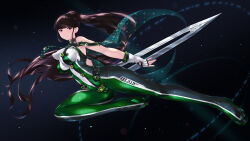 1girl black_hair blunt_bangs bodysuit breasts brown_eyes cait_aron commentary_request eve_(stellar_blade) fingerless_gloves full_body gloves green_bodysuit highres holding holding_sword holding_weapon impossible_bodysuit impossible_clothes large_breasts long_hair looking_at_viewer multicolored_bodysuit multicolored_clothes paid_reward_available planet_diving_suit_(7th)_(stellar_blade) ponytail silver_bodysuit skin_tight sleeveless sleeveless_bodysuit solo space stellar_blade sword very_long_hair weapon white_bodysuit white_gloves