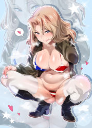 Rule 34 | 10s, 1girl, :q, american flag, american flag bikini, american flag print, bikini, bikini under clothes, blonde hair, blue eyes, blush, boots, breasts, cameltoe, cleavage, colored skin, covered erect nipples, curvy, female pubic hair, flag print, girls und panzer, gluteal fold, hair intakes, has bad revision, has downscaled revision, heart, heart-shaped pupils, highres, ikuchan kaoru, kay (girls und panzer), large breasts, licking lips, long hair, looking at viewer, md5 mismatch, multicolored skin, navel, print bikini, pubic hair, pubic hair peek, pussy juice, resolution mismatch, shiny skin, simple background, skindentation, smile, solo, source smaller, spread legs, squatting, swimsuit, symbol-shaped pupils, thick thighs, thighs, tongue, tongue out, zoom layer