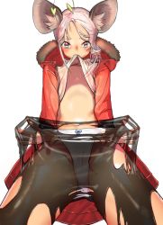 Rule 34 | 10s, 1girl, animal ear fluff, animal ears, bad id, bad pixiv id, black pantyhose, blade &amp; soul, blush, breasts, brown eyes, clothes lift, coat, fox ears, highres, ian3314, looking at viewer, lyn (blade &amp; soul), mouth hold, navel, open clothes, open coat, panties, panty tug, pantyhose, shirt lift, short hair, silver hair, small breasts, solo, torn clothes, torn pantyhose, underwear