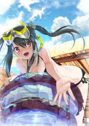 Rule 34 | 1girl, absurdres, beckoning, bent over, bikini, black hair, blush, breasts, cleavage, day, diving mask, from below, gaou (umaiyo puyoman), goggles, halterneck, highres, innertube, long hair, medium breasts, open mouth, original, outstretched arm, outstretched hand, red eyes, side-tie bikini bottom, sky, smile, snorkel, solo, swim ring, swimsuit, transparent, twintails