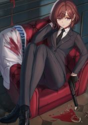 Rule 34 | 1girl, alcohol, black gloves, black necktie, black suit, blood, blood splatter, broken, brown hair, couch, crossed ankles, cup, dirty, dirty face, drinking glass, empty eyes, expressionless, formal, full body, gloves, gun, handgun, highres, higuchi madoka, idolmaster, idolmaster shiny colors, indoors, mole, mole under eye, necktie, on couch, sitting, solo, suit, suppressor, trigger discipline, weapon, wine, wine glass, yanoyoru
