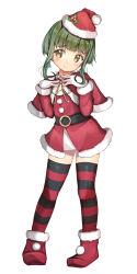 Rule 34 | 1girl, absurdres, alternate costume, belt, bob cut, brown eyes, capelet, contrapposto, dress, full body, fur-trimmed capelet, fur-trimmed dress, fur-trimmed headwear, fur trim, gloves, green hair, hat, highres, kantai collection, pom pom (clothes), red capelet, red dress, red footwear, red hat, santa dress, santa hat, short hair, short hair with long locks, sidelocks, smile, solo, standing, striped clothes, striped thighhighs, takanami (kancolle), thighhighs, white gloves, yashin (yasinz)