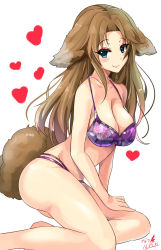 Rule 34 | 10s, 1girl, animal ears, aqua eyes, arm support, bare arms, bare legs, bare shoulders, bikini, breasts, brown hair, character request, cleavage, closed mouth, collarbone, dated, dog ears, dog tail, eyebrows, floral print, heart, highres, idolmaster, idolmaster cinderella girls, kemonomimi mode, large breasts, long hair, looking at viewer, matsumoto sarina, natsu (anta tte hitoha), out of frame, purple bikini, signature, simple background, sitting, smile, solo, swimsuit, tail, white background
