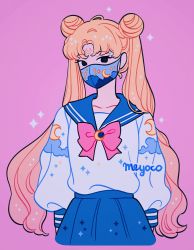 Rule 34 | 1girl, artist name, bishoujo senshi sailor moon, black eyes, blue sailor collar, blue skirt, bow, cowboy shot, crescent, crescent facial mark, crescent moon, double bun, facial mark, hair bun, long hair, long sleeves, looking at viewer, mask, meyoco, moon, mouth mask, parted bangs, pink background, pink bow, pink neckwear, pleated skirt, print mask, print shirt, sailor collar, shirt, shirt tucked in, simple background, skirt, solo, sparkle, surgical mask, tsukino usagi, twintails, very long hair, white shirt