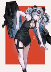Rule 34 | 1girl, animal ears, arknights, armpits, bare shoulders, black dress, black footwear, breasts, cleavage, dated, dress, eyewear on head, fang, feater (arknights), highres, looking at viewer, multicolored hair, panda ears, panda girl, procreate (medium), round eyewear, skin fang, smile, solo, striped hair, suzhaotang44435, swept bangs, thigh strap, two-tone hair, two side up, yellow eyes