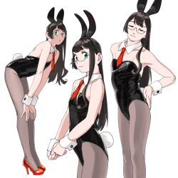 Rule 34 | 1girl, animal ears, black footwear, black hair, black leotard, black pantyhose, bow, bowtie, breasts, cowboy shot, detached collar, feet out of frame, full body, glasses, green eyes, highres, kantai collection, leaning forward, leotard, long hair, looking at viewer, multiple views, necktie, ojipon, ooyodo (kancolle), pantyhose, playboy bunny, rabbit ears, red necktie, simple background, small breasts, standing, strap, waving, white background, wrist cuffs