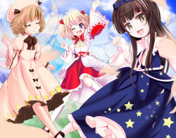 Rule 34 | 3girls, arm up, aw, bad id, bad pixiv id, blonde hair, bow, cherry blossoms, crescent, crescent moon, day, dress, drill hair, closed eyes, fairy, female focus, hair bow, happy, luna child, mary janes, moon, multiple girls, open mouth, shoes, sky, smile, star (symbol), star sapphire, sun symbol, sunny milk, thighhighs, tongue, touhou