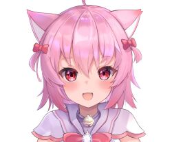 Rule 34 | 1girl, :d, ahoge, animal ears, bell, bow, cat ears, cat girl, fangs, hair bow, looking at viewer, neck bell, nekopurin (nyanko prin), open mouth, original, pink hair, red bow, red eyes, short hair, short sleeves, smile, solo, two side up, upper body