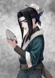 Rule 34 | 1boy, black hair, commentary request, forehead protector, from side, gradient background, grey background, grey nails, haku (naruto), highres, holding, holding mask, japanese clothes, kirigakure symbol, layered sleeves, long hair, long sleeves, looking at viewer, looking to the side, male focus, mask, unworn mask, menka, nail polish, naruto, naruto (series), ninja, smile, solo, trap