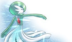 Rule 34 | 1girl, arm up, blue background, bob cut, closed eyes, colored skin, creatures (company), female focus, from behind, game freak, gardevoir, gen 3 pokemon, gradient background, green hair, green skin, hair over one eye, highres, laranthrod, multicolored skin, nintendo, outstretched arm, pokemon, pokemon (creature), short hair, simple background, solo, standing, two-tone skin, white background, white skin
