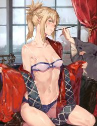 Rule 34 | 1girl, bare shoulders, blonde hair, bra, braid, brush, collarbone, denim, denim shorts, fate/apocrypha, fate (series), green eyes, groin, highres, lips, looking at viewer, micro shorts, mordred (fate), mordred (fate/apocrypha), mordred (memories at trifas) (fate), navel, ponytail, robe, scrunchie, short shorts, shorts, solo focus, tokopi, underwear, window