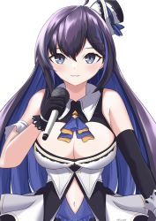 Rule 34 | 1girl, absurdres, alternate costume, black gloves, black sleeves, blue eyes, blue hair, breasts, cleavage, cleavage cutout, clothing cutout, detached sleeves, dress, frilled dress, frills, gloves, heart cutout, highres, holding, holding microphone, idol, idol clothes, kanadeho, kson, large breasts, long hair, looking at viewer, microphone, multicolored hair, navel, navel cutout, official alternate costume, purple hair, souchou, streaked hair, virtual youtuber, vshojo, vshojo idol uniform, white dress