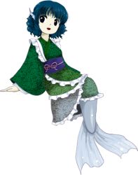 Rule 34 | 1girl, blue hair, double dealing character, drill hair, fins, full body, japanese clothes, kimono, lowres, mermaid, monster girl, official art, pale skin, smile, solo, touhou, transparent background, wakasagihime, white background, zun (artist)
