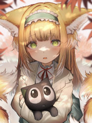 Rule 34 | absurdres, animal ears, aqua hairband, arknights, blonde hair, blunt bangs, fox ears, fox girl, fox tail, frilled hairband, frills, green eyes, hairband, highres, long hair, long sleeves, looking at viewer, luo xiaohei, luo xiaohei zhanji, material growth, multiple tails, neck ribbon, official alternate costume, oripathy lesion (arknights), red ribbon, ribbon, suzuran (arknights), suzuran (praise spring) (arknights), suzuran (spring praise) (arknights), tab head, tail