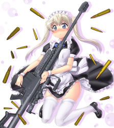Rule 34 | 1girl, ammunition, anti-materiel rifle, barrett m82, black footwear, blonde hair, blue eyes, blush, bullet, cartridge, commentary request, full body, gun, hase yu, little armory, long hair, looking at viewer, maid, maid headdress, puffy short sleeves, puffy sleeves, rifle, shoes, short sleeves, simple background, smile, sniper rifle, solo, teruyasu maria, thighhighs, tomytec, twintails, weapon, white background, white thighhighs, wrist cuffs