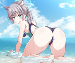 Rule 34 | 1girl, all fours, animal ear fluff, animal ears, ass, ass focus, black one-piece swimsuit, blue archive, blue eyes, blue one-piece swimsuit, blue sky, breasts, cloud, commentary request, competition swimsuit, cross, cross hair ornament, day, extra ears, from behind, grey hair, hair ornament, halo, horizon, inverted cross, kneepits, looking at viewer, looking back, low ponytail, medium breasts, medium hair, mismatched pupils, multicolored clothes, multicolored swimsuit, naba (take tonbo), ocean, one-piece swimsuit, outdoors, shiroko (blue archive), shiroko (swimsuit) (blue archive), sky, solo, swimsuit, thighs, water