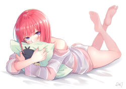 Rule 34 | 1girl, absurdres, ass, bare legs, bare shoulders, barefoot, bed sheet, blue eyes, blunt bangs, blush, collarbone, da-cart, feet, feet up, go-toubun no hanayome, highres, hugging object, looking at viewer, lying, nakano nino, no pants, on bed, on stomach, pajamas, panties, pillow, pillow grab, pillow hug, pink hair, simple background, skindentation, soles, striped clothes, striped pajamas, uesugi fuutarou, underwear, white background, white panties